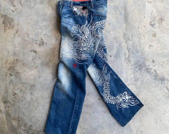 VINTAGE KARAKURI TAMASHI Japan Eccentric Original Denim Rare Full Dragon Embroidered Iconic Traditional Japan Jean W31x30 Kapital Enterprise