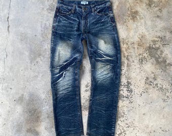 LOWBOX JAPAN THUNDERSTORM - Denim deslavado oxidado con efecto garra de tigre y grietas dispersas de inspiración japonesa, Tornado Mart y pierna recta Kapital de 31 pulgadas