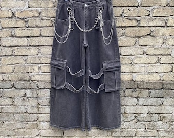 VINTAGE ROMWE SUPER Baggy Raver Pant Denim Cargo Wide Leg Knee Strap Side Pocket Loose Faded Black/Jnco Baggy/Rave/Fubu/Wu Tang in W32x30.5"