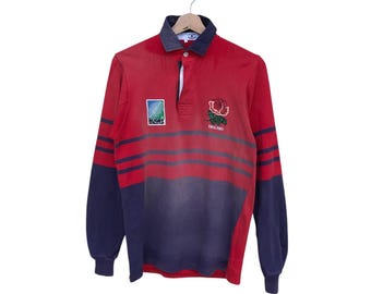 Chemise de rugby ANGLETERRE VINTAGE Polo de rugby Angleterre Coupe du monde de rugby rose Logo rose pâle Rayé soleil petite taille/Chemise de rugby vintage/Rugby classique/Rugby du monde