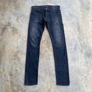 RARe SAINT LAUREN PARIS Hedi Slimane D02 Faded Black Distressed Ripped Denim YsL Slim Fit Cut Cotton+Elastane Waist W29-30x33.5&quot; Japan Made