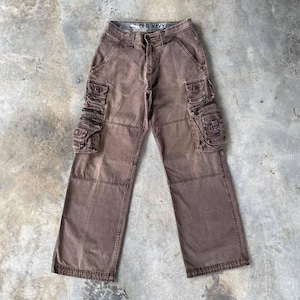 May include: Brown cargo pants with multiple pockets and the "Old Navy" logo on the waistband. The pants have a faded, worn look and a relaxed fit. The pants have a total length of approximately 40 inches.
