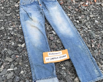VAQUEROS DE DENIME VINTAGE JAPONÉS Evitar la línea roja, denim azulado desgastado, pierna recta/vaqueros de hombre, cintura de 28"/diseñador japonés/denim desgastado/Kapital