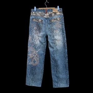 Rare VINTAGE Karakuri Tamashii Snakeskin Python-Print +Dragon Embroidered Japanese Traditional Wagara Denim Distressed Sukajan Streetwear