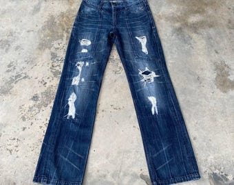 Vaqueros desgastados y dañados de Karl Kani, raros, reparados, con marca de garra de tigre, lavados en azul, pierna recta, ancho 30 x 33 cm, BJ05-25/LGB/Trashed Denim/Fubu