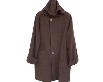 Vintage LANCEL kamelbrun lyxmärke Issey Miyake/Yohji Yamamoto-stil lång ulljacka med huva tillverkad i Japan/Archival Jacket