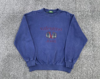 VINTAGE 90s VALENTINO Grunge FADED Blue crewneck embroidered logo jumper sweatshirt/Pullover/Men Sweatshirt/Unisex sweatshirt Japan