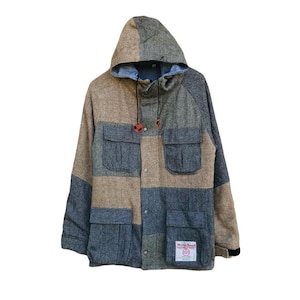 Rara jaqueta vintage de 1998 Harris Tweed x KMK Kingly Mask Patchwork Multicolor Utility Wool Jacket Minimalista Avant Garde Herringbone Hooda M