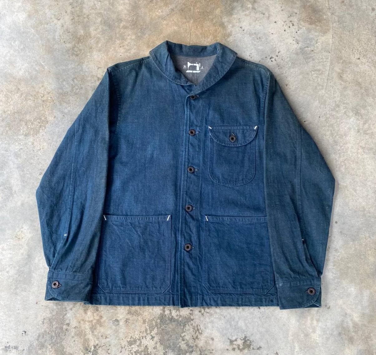 Vintage 60S-70S Shawl Collar French/swedish Blue Indigo Chore 