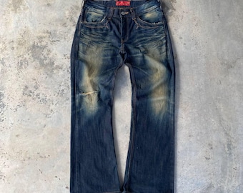 VINTAGE EDWIN FLARED Japan Edwin Boot Cut Denim Distressed Ripped Knee Rusty Wash Vintage Bull Horn Tag Western/Bottom Bell Jean/Flare Denim