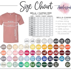 Puede incluir: Tabla de tallas para camisetas de jersey unisex Bella + Canvas 3001. La tabla muestra las medidas en pulgadas para el ancho, el pecho y la longitud para las tallas XS a 5XL. La tabla tambi&eacute;n incluye informaci&oacute;n sobre la composici&oacute;n de la tela, que es 100% algod&oacute;n, excepto el color ceniza, que es 99% algod&oacute;n y 1% poli&eacute;ster.