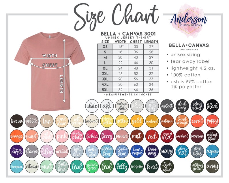 Puede incluir: Tabla de tallas para camisetas de jersey unisex Bella + Canvas 3001. La tabla muestra las medidas en pulgadas para el ancho, el pecho y la longitud para las tallas XS a 5XL. La tabla tambi&eacute;n incluye informaci&oacute;n sobre la composici&oacute;n de la tela, que es 100% algod&oacute;n, excepto el color ceniza, que es 99% algod&oacute;n y 1% poli&eacute;ster.