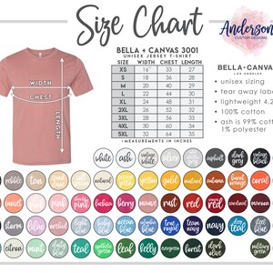 May include: Size chart for Bella + Canvas 3001 unisex jersey t-shirts. The chart shows measurements in inches for width, chest, and length for sizes XS to 5XL. The chart also includes information about the fabric composition, which is 100% cotton, except for the ash color, which is 99% cotton and 1% polyester.