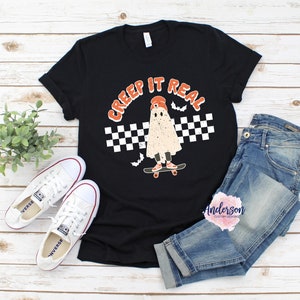 Creep it real, ghost, halloween, retro halloween, ghosty, skateboard, boy halloween, fall, fall shirt, halloween shirt