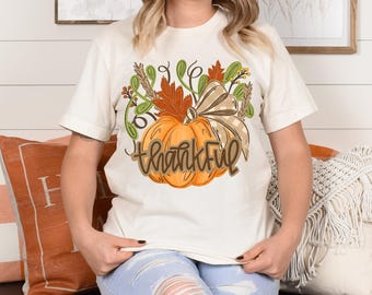 Thankful Shirt, Thanksgiving Shirt for Women, Fall Pumpkin Shirt, Cute Fall Graphic Tee, Pumpkin Bow Shirt, Grateful Fall Tee