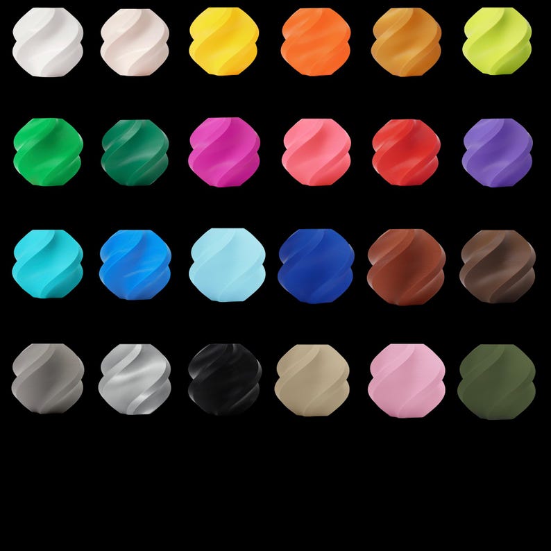May include: A collection of twenty-four colorful, spiral-shaped decorative objects. The objects are arranged in a grid against a black background. Colors include white, yellow, orange, green, pink, red, blue, brown, gray, and black.