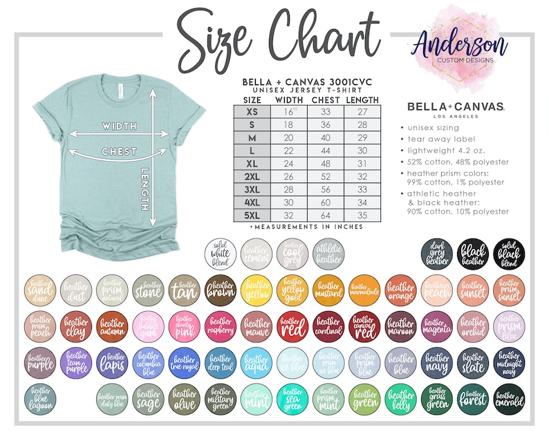 Puede incluir: Tabla de tallas para la camiseta de jersey unisex Bella + Canvas 3001CVC. La tabla muestra las medidas de ancho, pecho y largo en pulgadas para las tallas XS a 5XL. La tabla tambi&eacute;n incluye informaci&oacute;n sobre la composici&oacute;n de la tela y los colores.