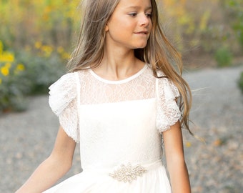 White Flower Girl Dress, White Lace & Chiffon Flower Girl Dress, Ivory White Lace Girl Dress,Rustic Ivory Flower Girl,Boho Flower Girl Dress