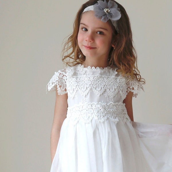 Vestido de niña de flores de encaje blanco, niña de flores Boho Boho, vestido de niñas de tul marfil, vestido de niña de flores de encaje, vestido de comunión, vestido de bautismo