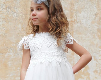 Vestido de niña de flores de encaje blanco, niña de flores Boho Boho, vestido de niñas de tul marfil, vestido de niña de flores de encaje, vestido de comunión, vestido de bautismo