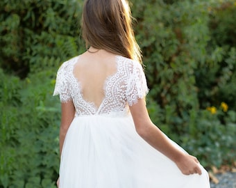 Robe de fille de fleur de Boho Boho, robe de fille de tulle de dentelle blanche, robe de fille de fleur de dentelle, robe de fille de fleur rustique, robe de communion, robe Luna