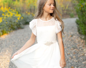 White Flower Girl Dress, White Lace & Chiffon Flower Girl Dress, Ivory White Lace Girl Dress,Rustic Ivory Flower Girl,Boho Flower Girl Dress