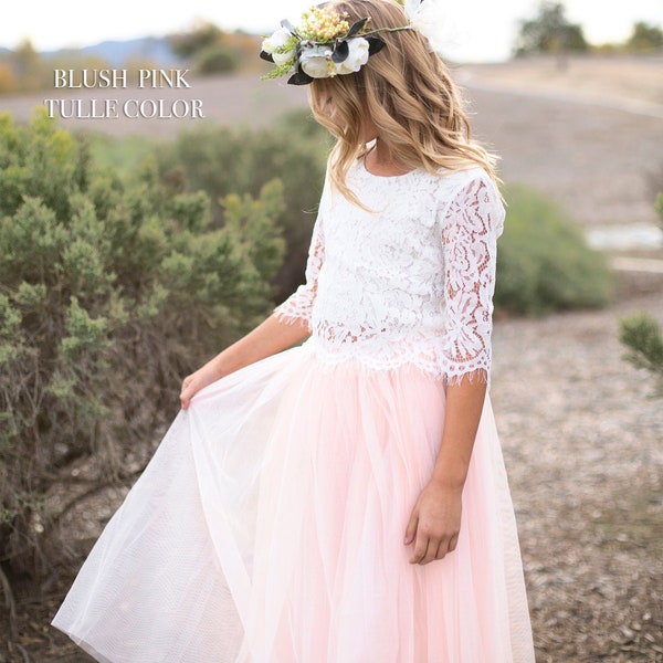 Lace Flower Girl Top & Tulle skirt, Flower girl Lace Top, Tulle skirt Lace Top Flower girl , Pink Flower Girl Skirt, Pink Boho Flower Girl