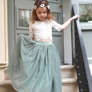 Sage Green Bohemian Boho Flower Girl Top Tulle skirt, Flower girl Lace Top, Tulle skirt Lace Top Flower girl , Sage Green Flower Girl Skirt