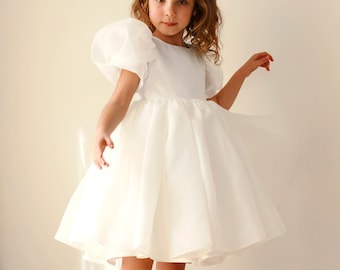 Vestido de aniversario para niños, vestido de niña de flores Boho Boho blanco, vestido de niña de flores de organza blanca, vestido de niña rústica