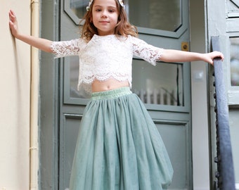 Salie Boho Boho Lace Bloemenmeisje Top Tule rok, Bloemenmeisje Lace Top, Tule rok Lace Top Bloemenmeisje, Salie Groene Bloemenmeisje Rok