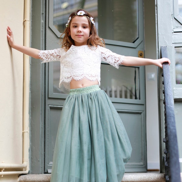 Sage Boho Boho Lace Flower Girl Top Tulle jupe, Flower girl Lace Top, Tulle jupe Lace Top Flower girl , Sage Green Flower Girl Jupe