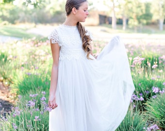 White Ivory crochet Lace flower girl dress, Bohemian Boho Flower girl, Tulle Girls Dress, Lace Girl dress, Communion dress, Baptism Dress