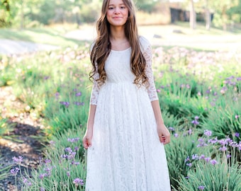 Long sleeve Bohemian Boho Flower girl dress , White Lace Tulle Girl Dress, Lace flower girl dress, Rustic flower girl dress, Communion dress