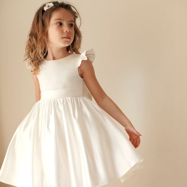 Satin Flower girl dress, Lace Satin White Lace Tulle Girl Dress, Baby Satin Lace flower girl dress, Rustic flower girl dress,Communion dress