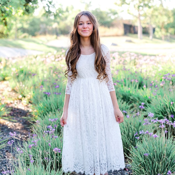 Long sleeve Bohemian Boho Flower girl dress , White Lace Tulle Girl Dress, Lace flower girl dress, Rustic flower girl dress, Communion dress