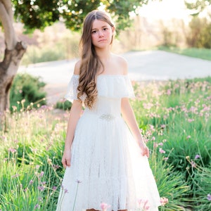 Off Shoulder Bohemian Boho Flower girl dress , White Lace Tulle Girl Dress, Lace flower girl dress, Rustic flower girl dress,Communion dress