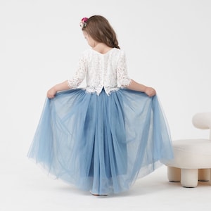 Blue Bohemian Boho Lace Flower Girl Top Tulle skirt, Flower girl Lace Top, Tulle skirt Lace Top Flower girl , Dusty blue Flower Girl Skirt