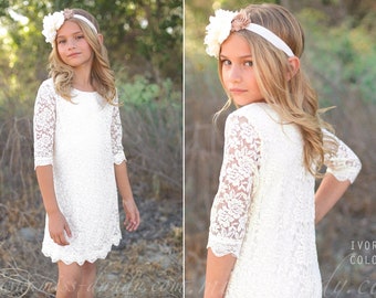 White Flower Girl Dress Ivory Flower girl dress Girls Lace Dress Lace dress Toddler Bohemian Boho Flower Girl dress flower Baby Dress Lace