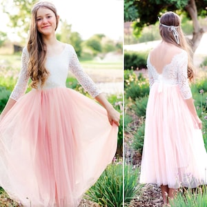 Blush Pink Bohemian Boho Flower girl dress , White Lace Tulle Girl Dress, Lace flower girl dress, Rustic flower girl dress Communion dress