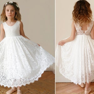 Bohemian Boho Flower girl dress , White Lace Tulle Girl Dress, Lace flower girl dress, Rustic flower girl dress,Communion dress, Bella Dress