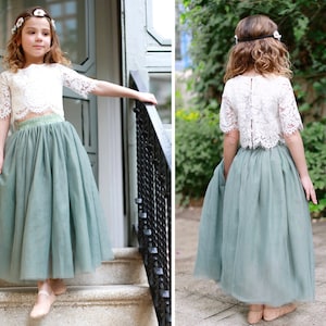Sage Bohemian Boho Lace Flower Girl Top Tulle skirt, Flower girl Lace Top, Tulle skirt Lace Top Flower girl , Sage Green Flower Girl Skirt