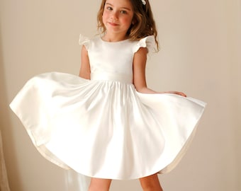 Satin Flower girl dress, White satin wedding dress bow pearls, toddler wedding dress, junior bridesmaid girl dress Baptism Christening dress