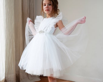 Robe de demoiselle d'honneur bohème bohème en tulle, robe de fille de fleur en tulle en dentelle blanche, robe de fille en tulle, robe de fille d'honneur bébé, robe d'anniversaire pour enfants