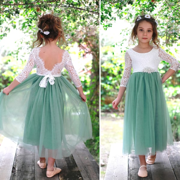 Sage Green Flower Girl Lace Dress With Tulle Bottom Classic Bohemian Style Long Sleeve Length Lace Flower Girl Bridesmaid Dress - Sage Green