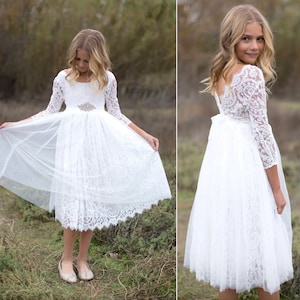 Robe de fille de fleur de Boho Boho, robe de fille de tulle de dentelle blanche, robe de fille de fleur de dentelle, robe de fille de fleur rustique, robe de communion, robe Bianca image 1