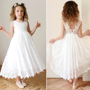 Bohemian Boho Flower girl dress , White Lace Tulle Girl Dress, Lace flower girl dress, Rustic flower girl dress,Communion dress, Bella Dress