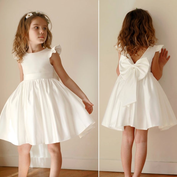 Satin Flower girl dress, Lace Satin White Lace Tulle Girl Dress, Baby Satin Lace flower girl dress, Rustic flower girl dress,Communion dress