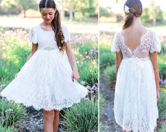 Bohemian Boho Flower girl dress , White Lace Tulle Girl Dress, Lace flower girl dress,Rustic flower girl dress, Boho Communion dress