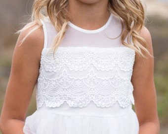 Vestido de niña de flores, vestido de niña de flores Boho Boho, vestido de niñas de tul de encaje blanco, vestido de niña de flores de encaje, vestido de dama de honor junior, vestido de hiedra