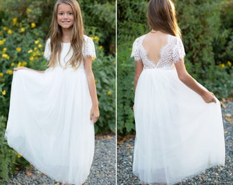 Abito da ragazza di fiori Boho Boho, abito da ragazza in tulle di pizzo bianco, abito da ragazza di fiori di pizzo, abito da ragazza di fiori rustico, abito da comunione, abito Luna